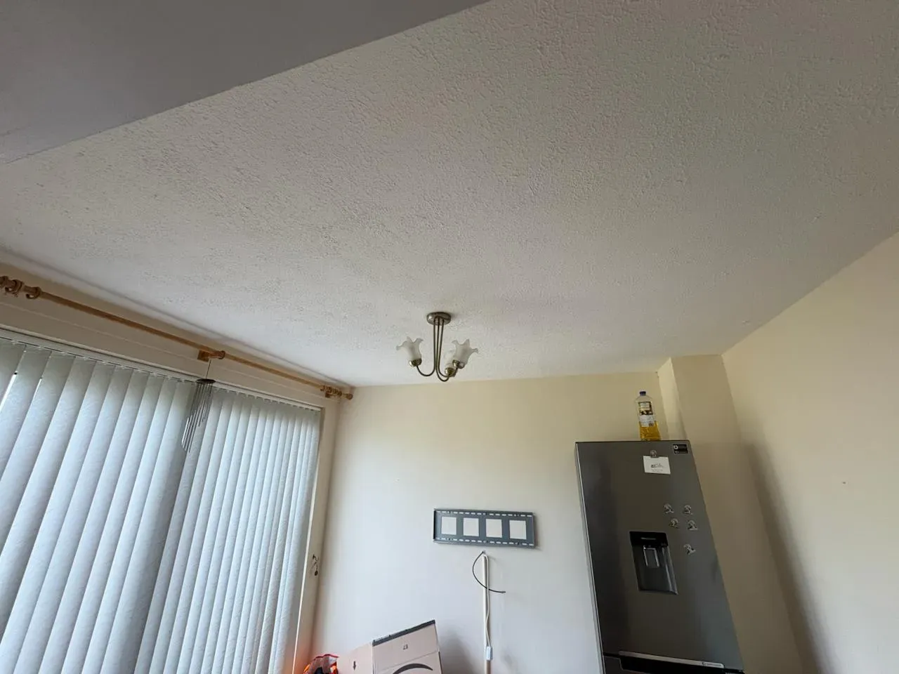 A ceiling with textured Artex coating in a living space, alongside a window with vertical blinds and a stainless steel refrigerator.